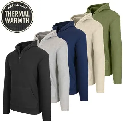3-Pack Men's Waffle-Knit Thermal Henley Pullover Hoodie