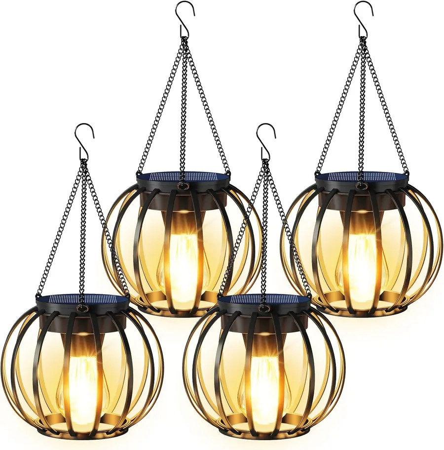 AOUNQ Metal Solar Hanging Lanterns, 4-Pack, Black