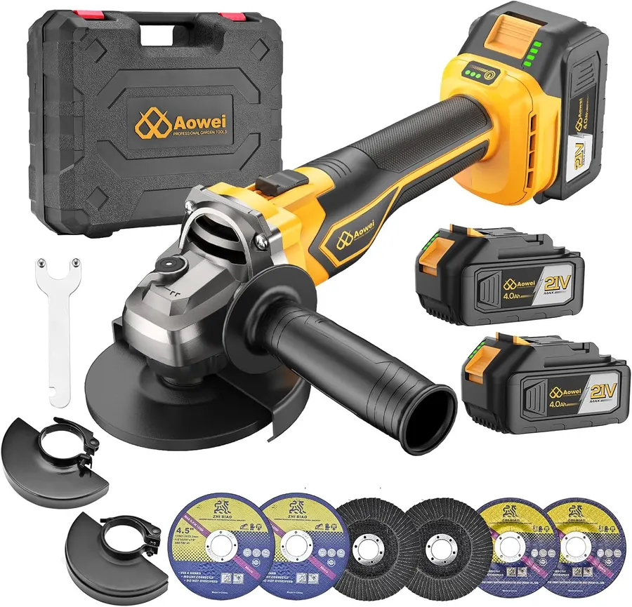 AOWEI Brushless Cordless Angle Grinder 4-1/2", 21V Kit w/ 2x 4.0Ah Batteries