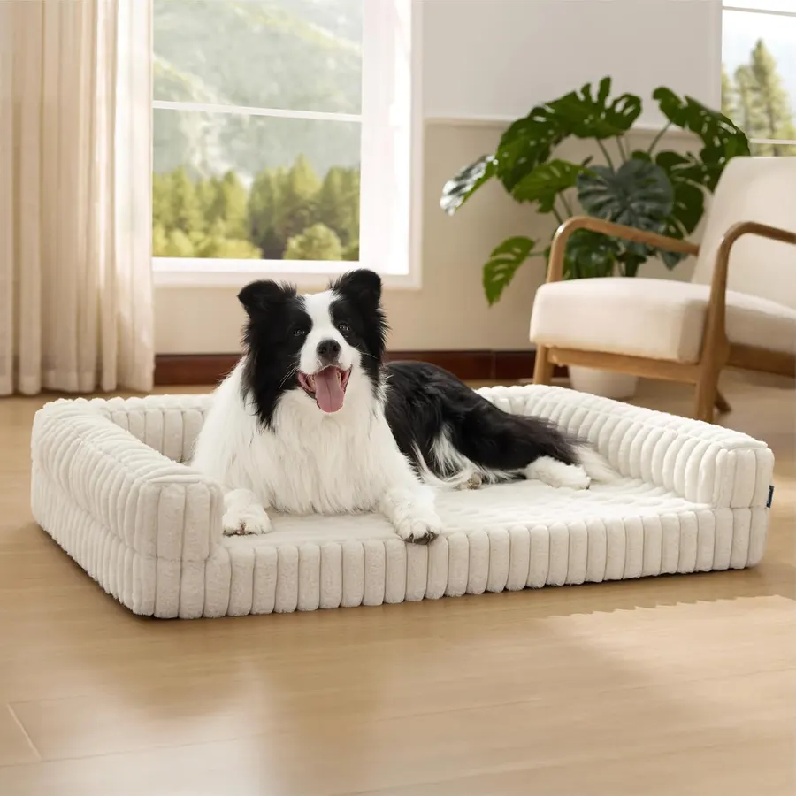 Bedsure ComfyFleece Orthopedic Memory Foam Dog Bed, 35" with 3-Sided Bolster, Cream