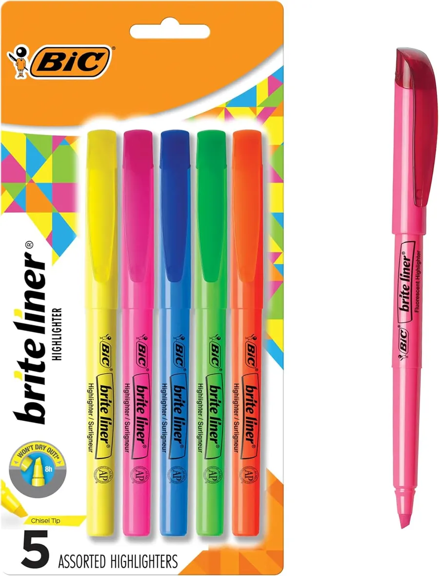 BIC Brite Liner Highlighters, Chisel Tip, 5-Count, Assorted Colors