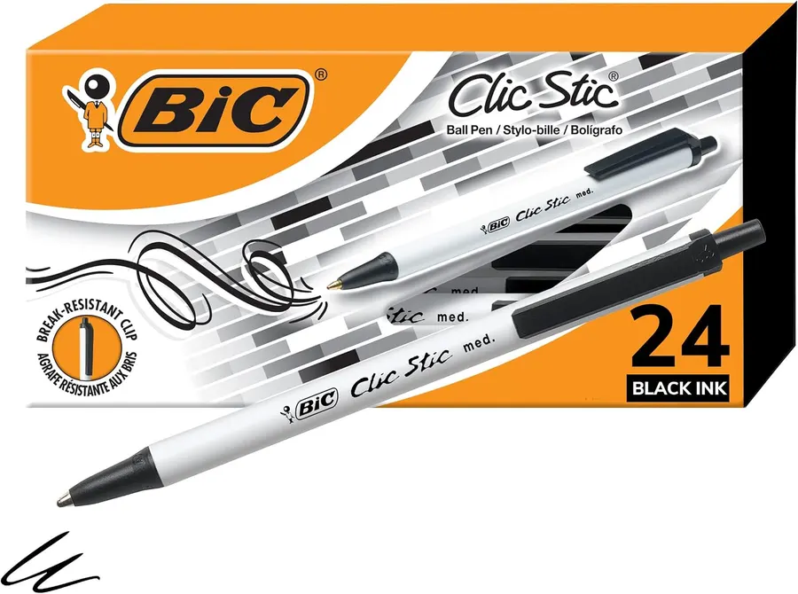 BIC Clic Stic Black Retractable Ballpoint Pens, 24-Count