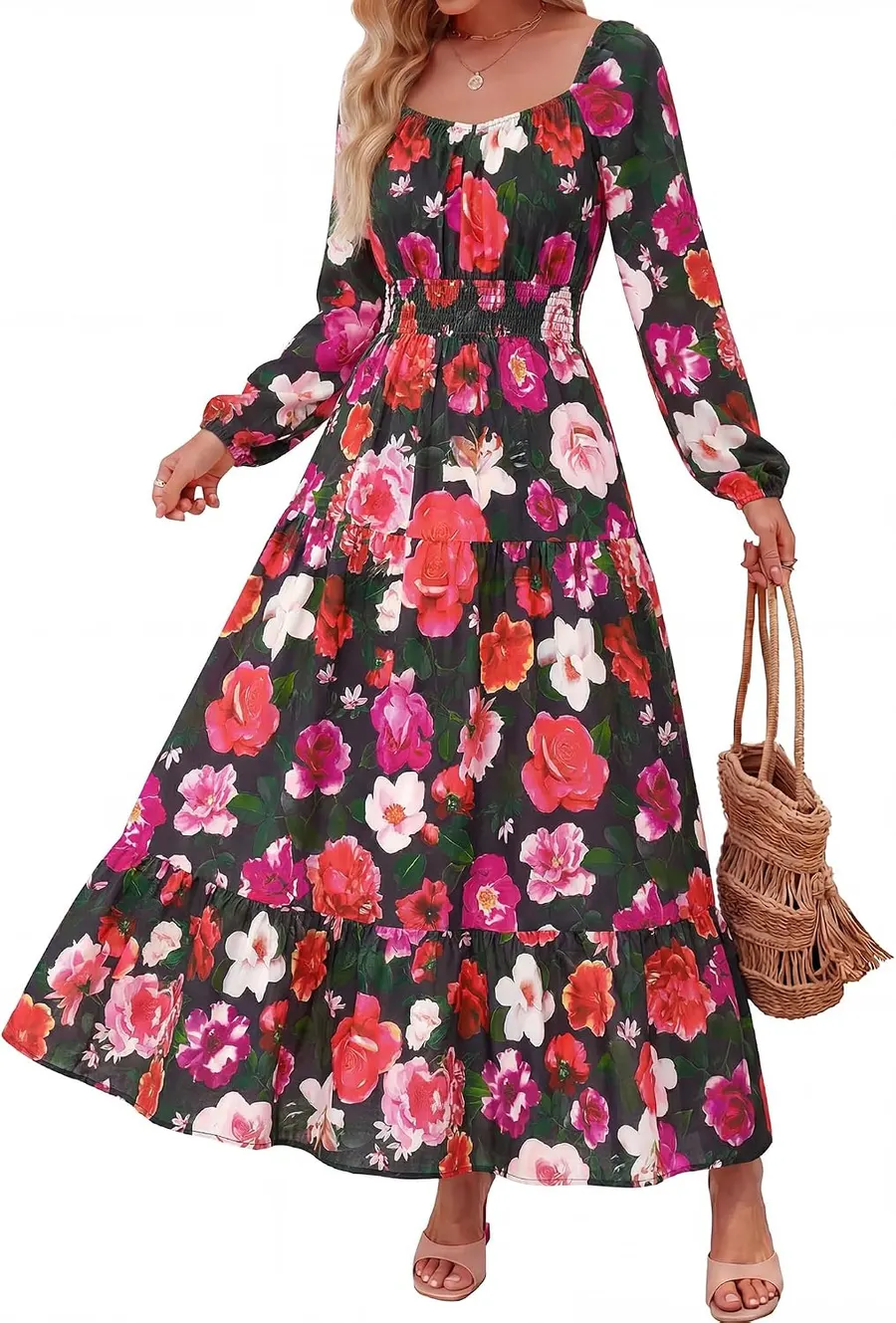 BTFBM Women's Square Neck Long Sleeve Floral Maxi Dress