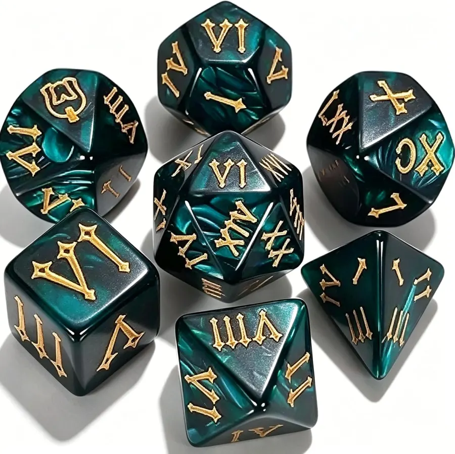 CiaraQ 7-Pc Polyhedral Dice Set, Deep Teal Pearl with Gold Numerals