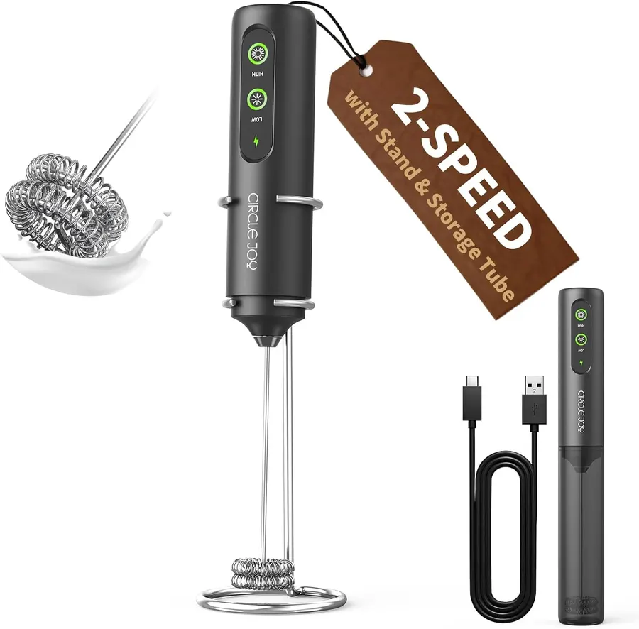 CIRCLE JOY 2-Speed Rechargeable Handheld Milk Frother with Stand, Black Pro