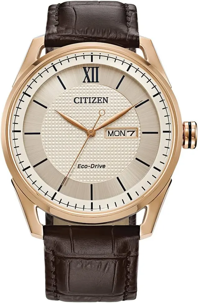 Citizen Men's Classic Eco-Drive Watch AW0082-01A, 42mm Rose Gold-Tone Case, Brown Leather Strap