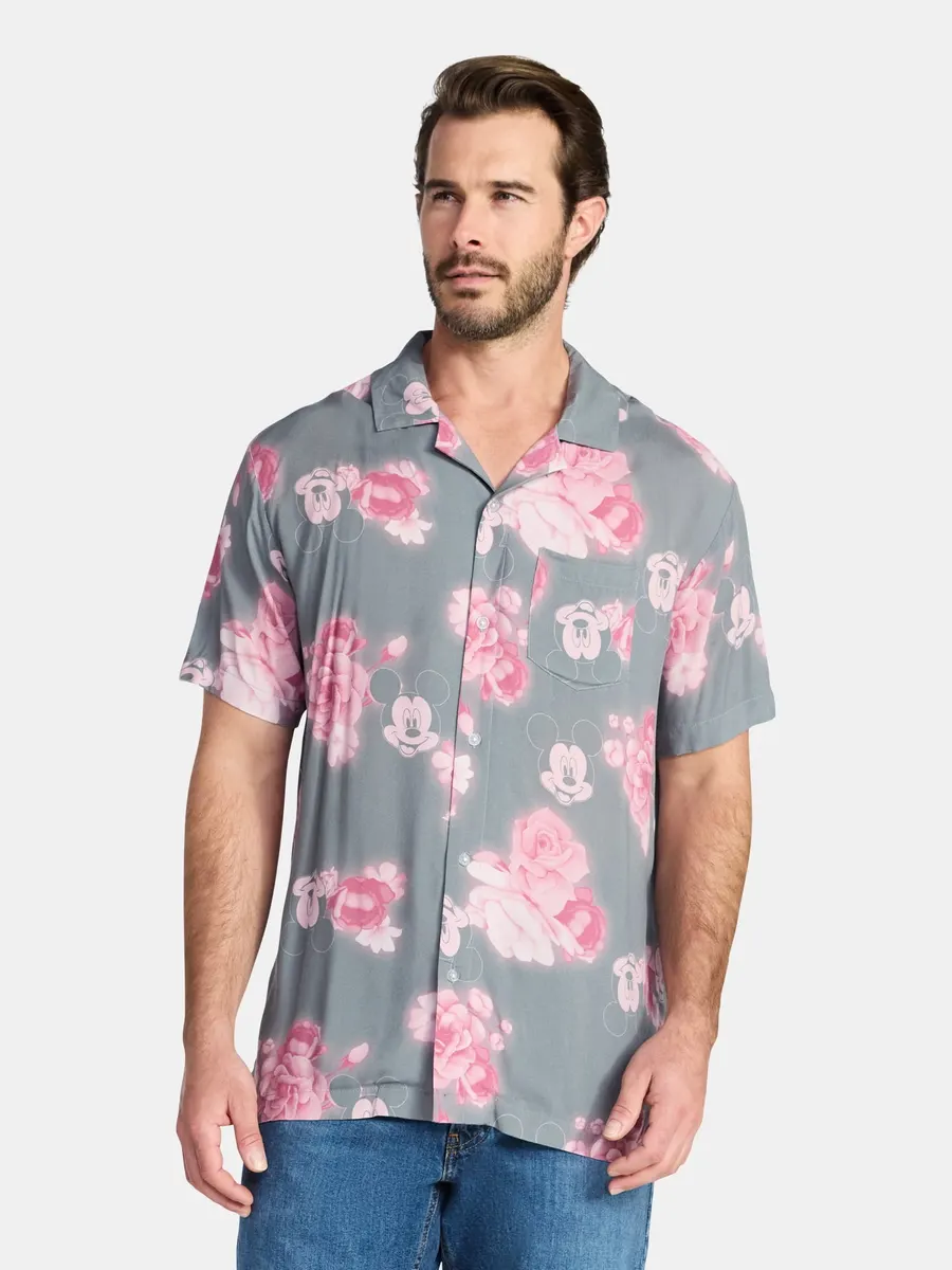 Disney Men's Mickey Mouse Graphic Button-Up Shirt, Charcoal