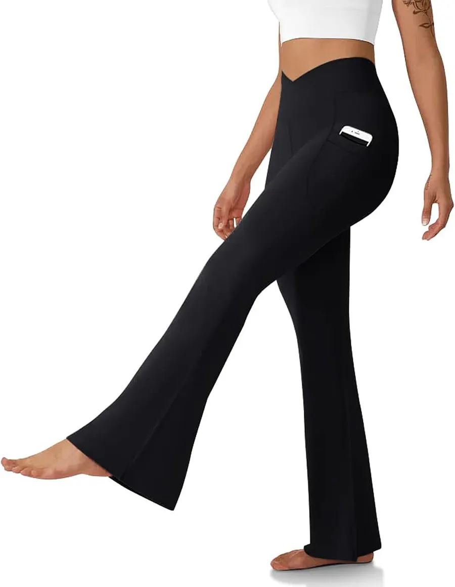DLOODA Women's Crossover High-Waisted Flare Yoga Leggings with Pockets