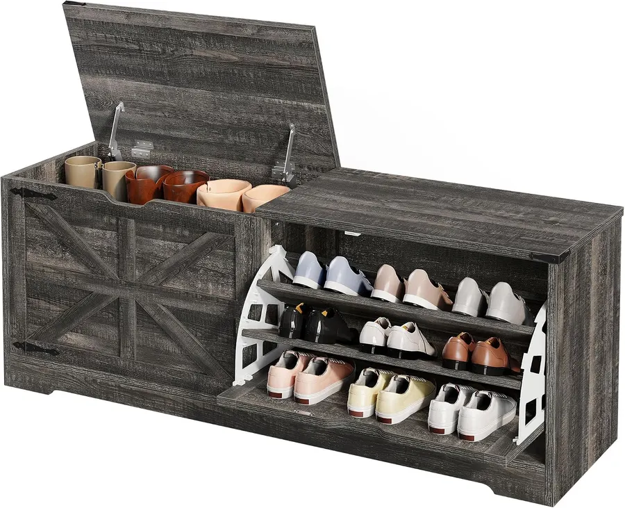 DWVO 55" Farmhouse Shoe Storage Bench with 3 Flip Drawers, Dark Rustic Oak