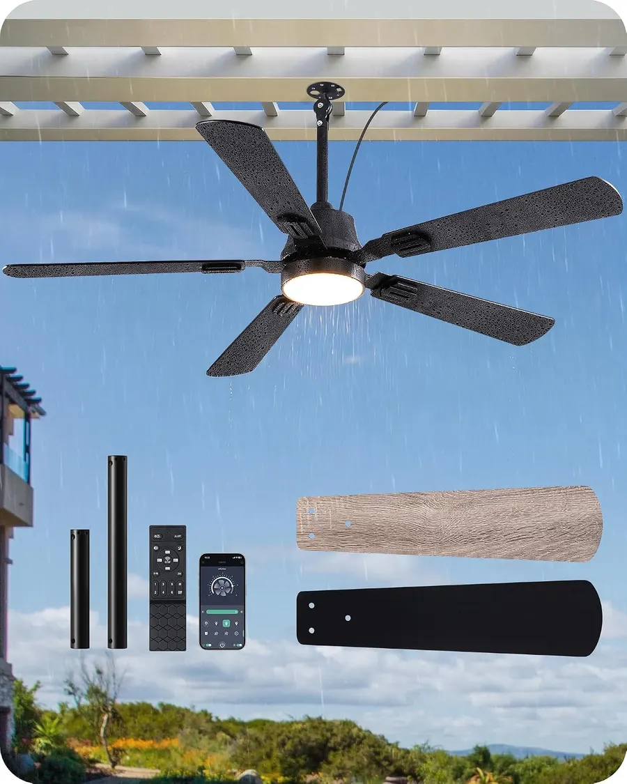 EDISHINE 52" Outdoor Ceiling Fan with Light, Black