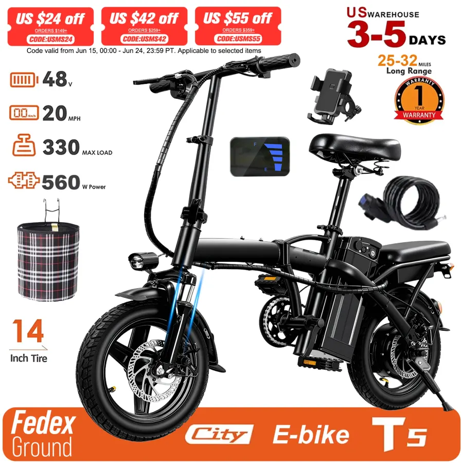FURIDER-EBIKE T5 Adult Folding Electric Bike, 560W Motor, 48V Removable Battery