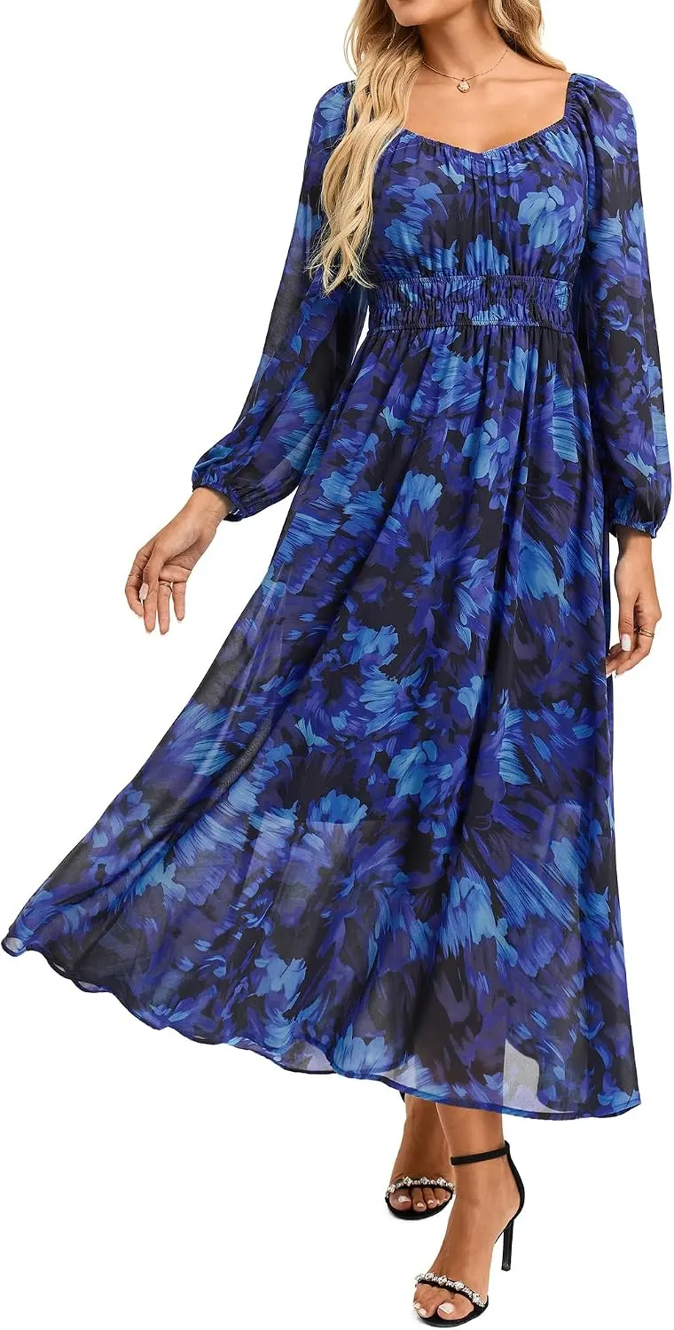 GRACE KARIN Women's Floral Long Sleeve Sweetheart Neck Maxi Dress, Royal Blue