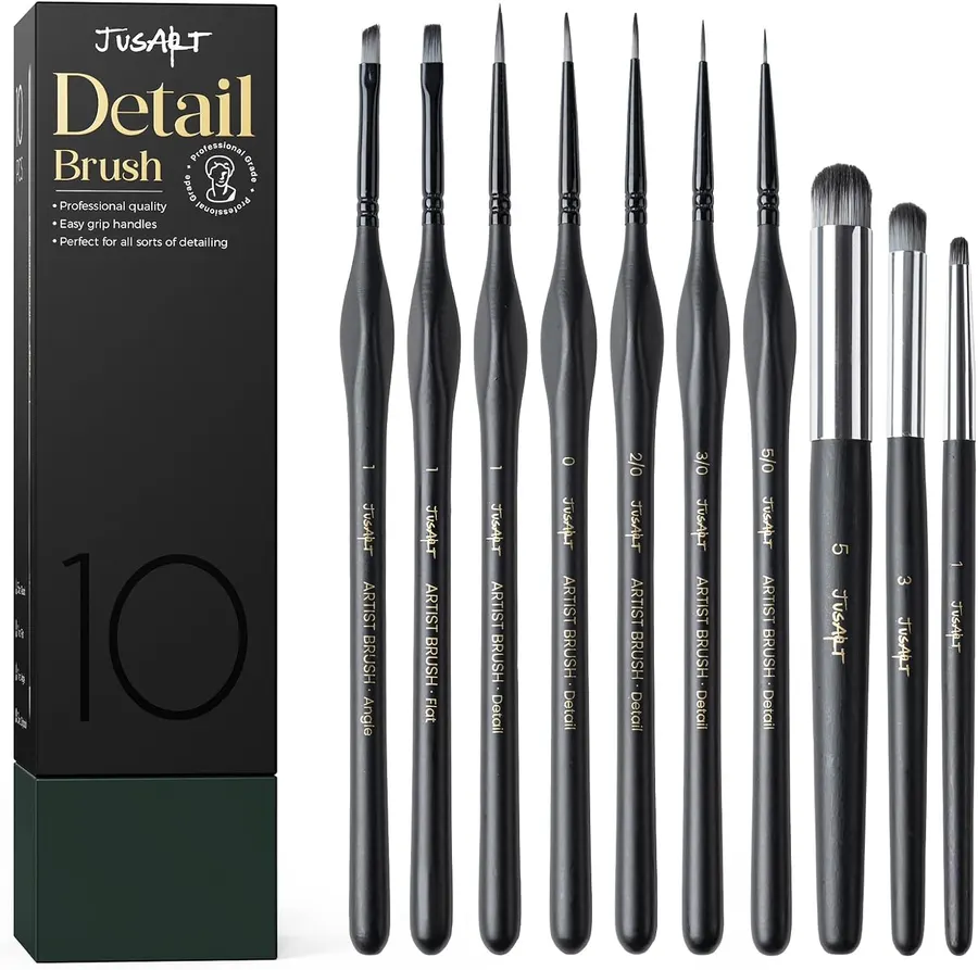 JusArt 10 Pcs Miniature Detail Paint Brush Set with Case