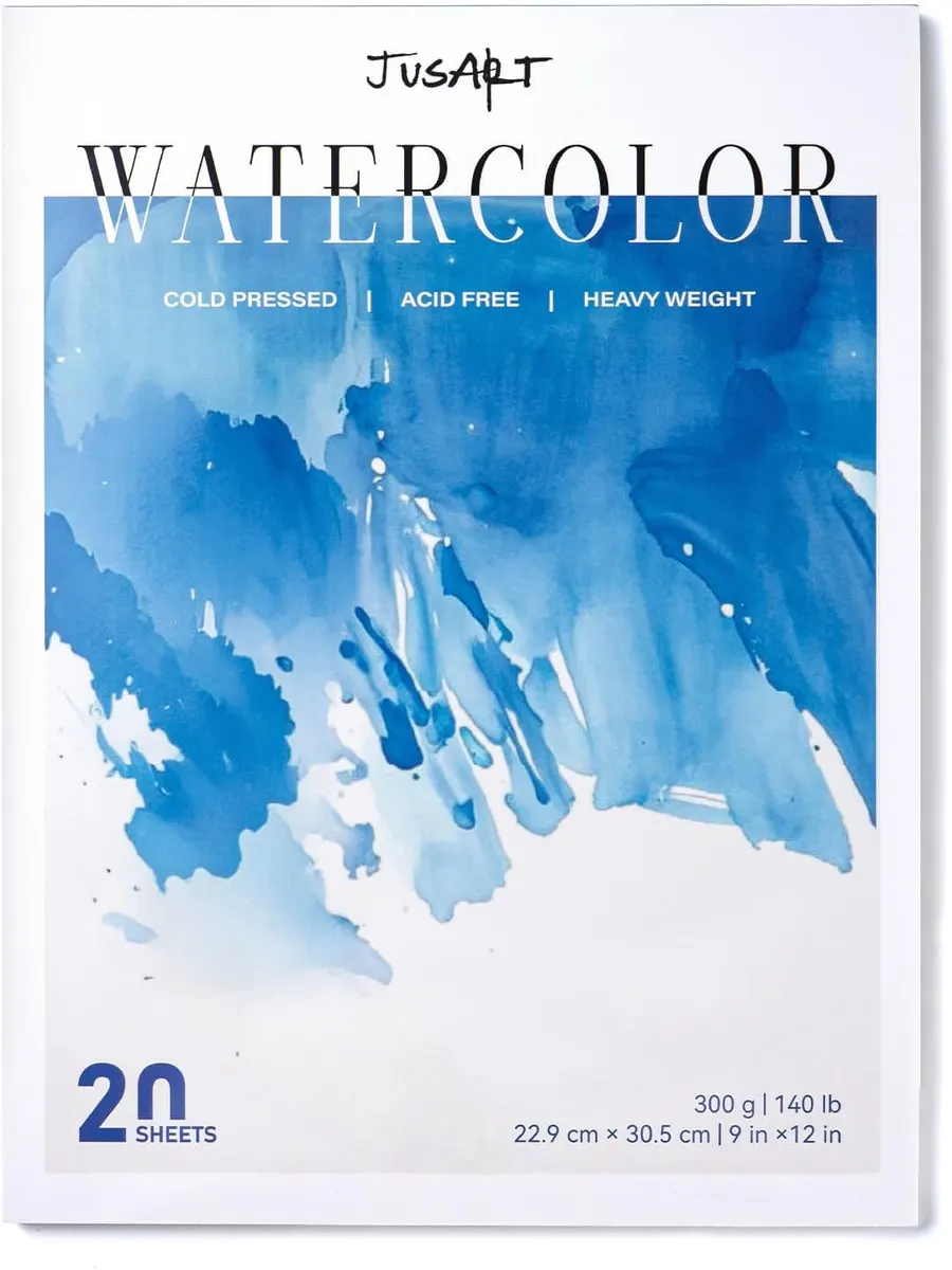 JusArt Cold Press Watercolor Paper Pad, 9"x12", 20 Sheets (Light Blue Cover)