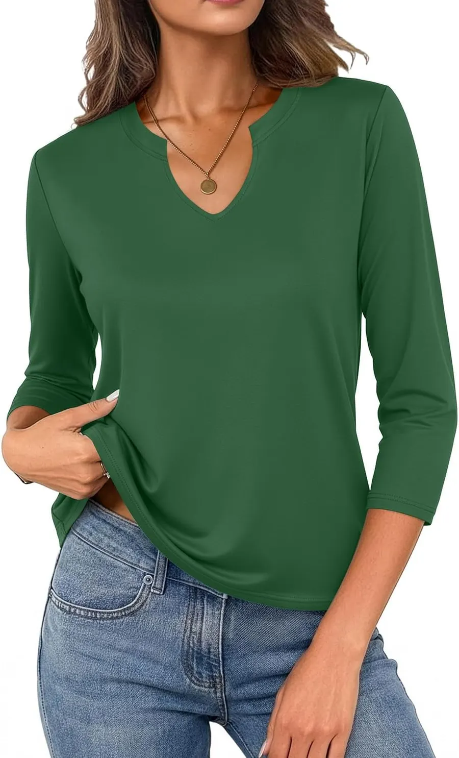 JUSTFASHIONNOW Women's 3/4 Sleeve Cotton V-Neck T-Shirt