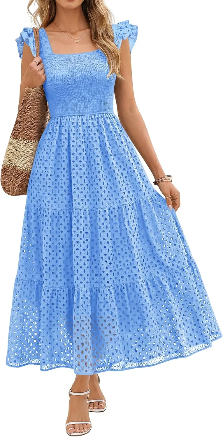 Lazysmile Women's Sleeveless Hollow Out Eyelet Boho Maxi Dress
