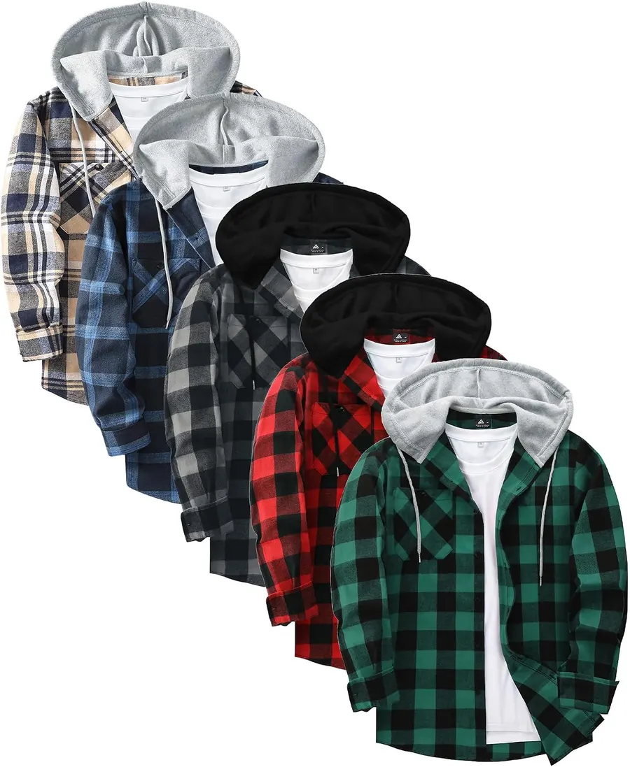 Little Beauty 5-Pack Men's Flannel Hooded Button-Down Shirt Jackets