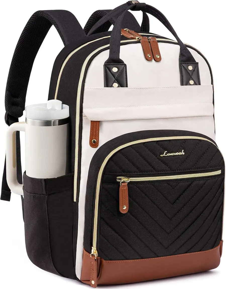 LOVEVOOK 15.6" Laptop Backpack with Tumbler Holder, Beige-Black-Brown