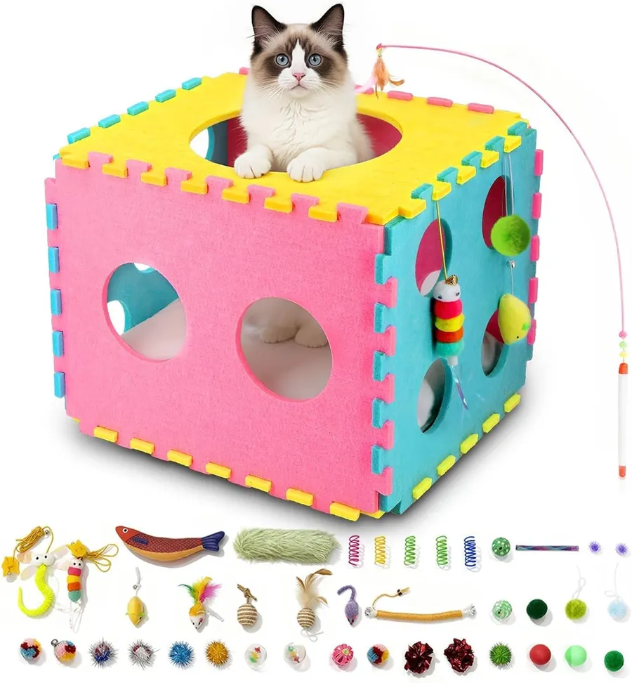 MOYMO 17" Cat Dice House with Pillow & 41 Interactive Toys