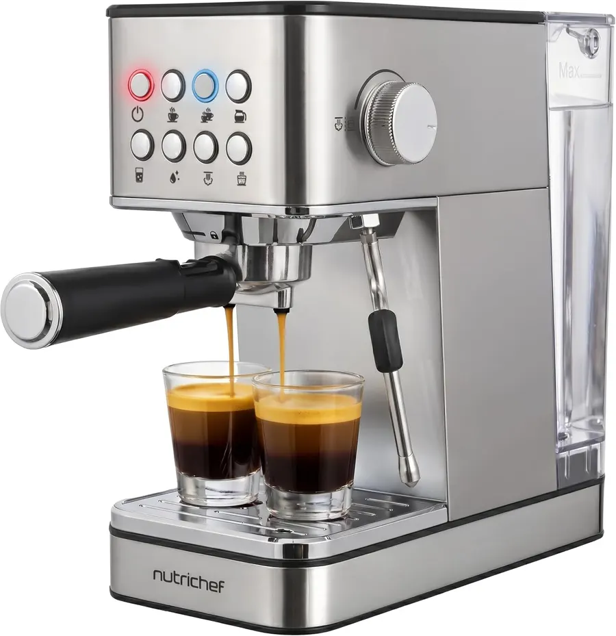 NutriChef 20-Bar Espresso Maker with Milk Frother, Stainless Steel