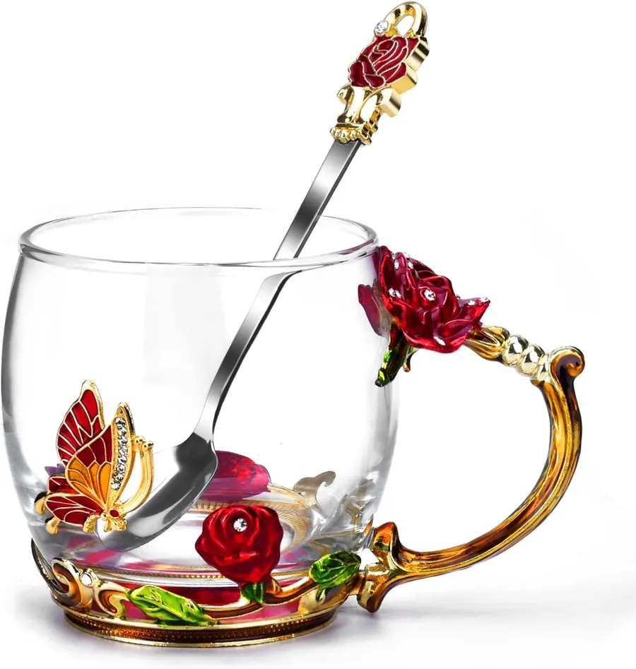 OEAGO Floral Glass Tea Mug with 3D Rose & Butterfly Design, Enamel Spoon