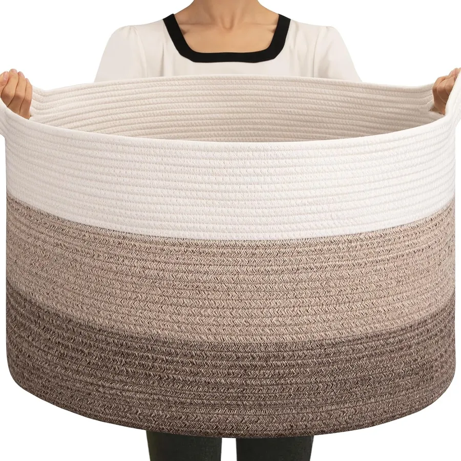 OIAHOMY 90L Cotton Rope Blanket Basket, Gradient Brown