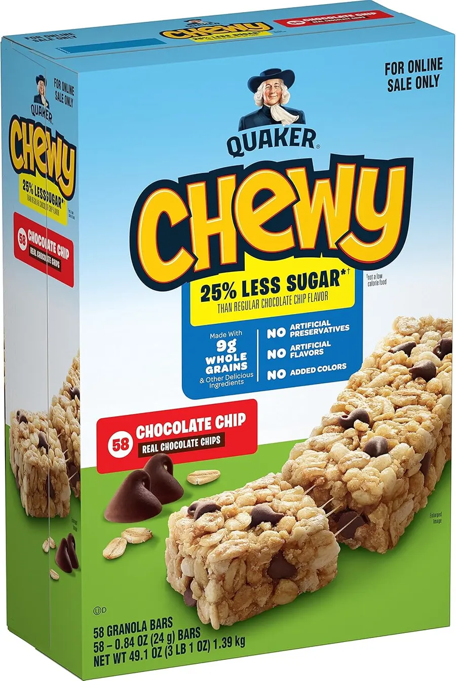 Quaker Chewy Lower Sugar Granola Bars, Chocolate Chip, 58 Count