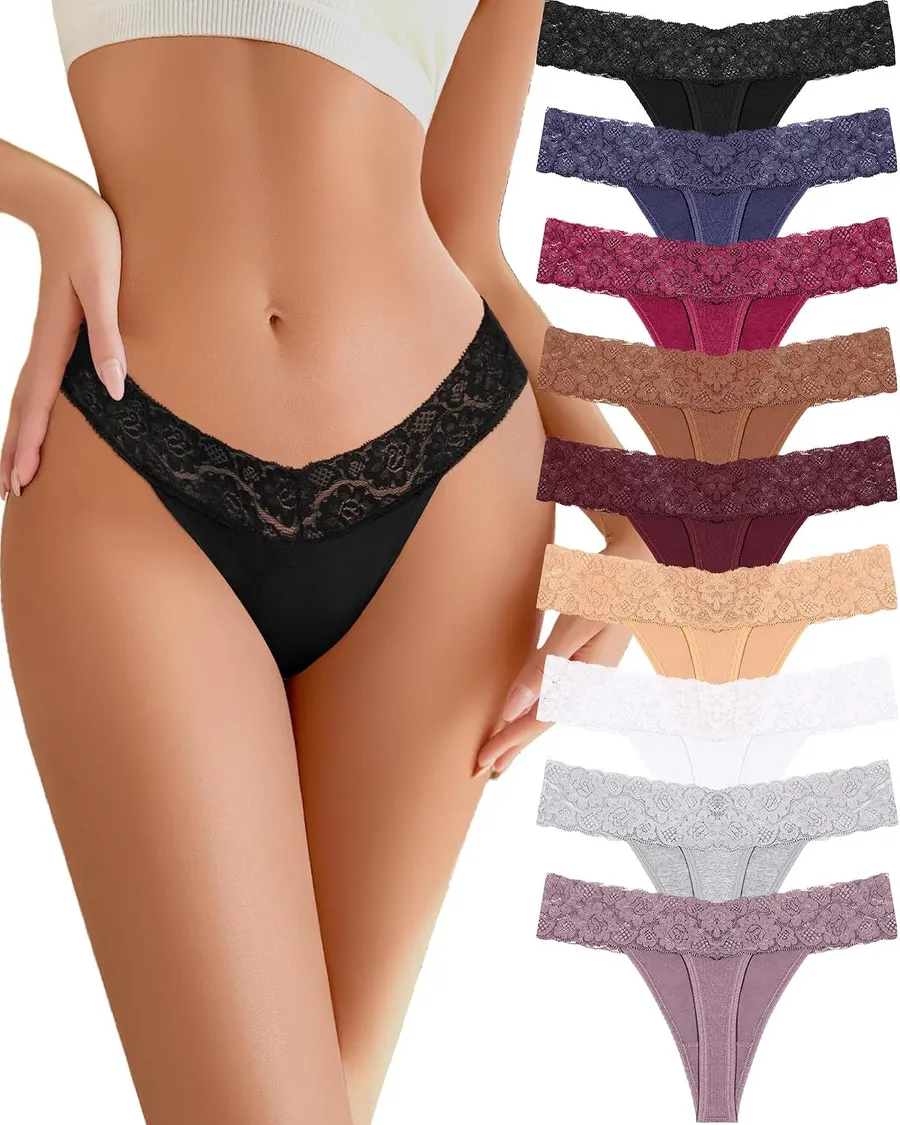 READY TO LOVE Cotton Underwear Women 9-Pack Soft Lace Thongs