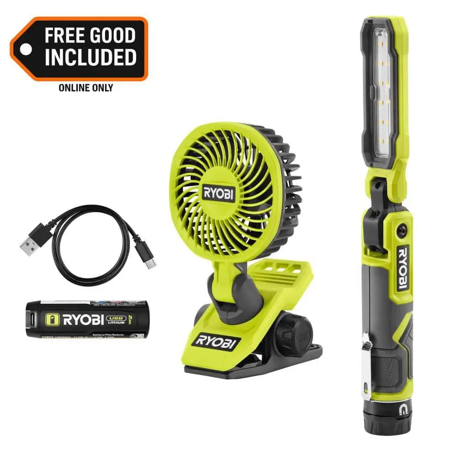 RYOBI USB Lithium 550 Lumens Rechargeable Inspection Flashlight Kit with Clamp Fan