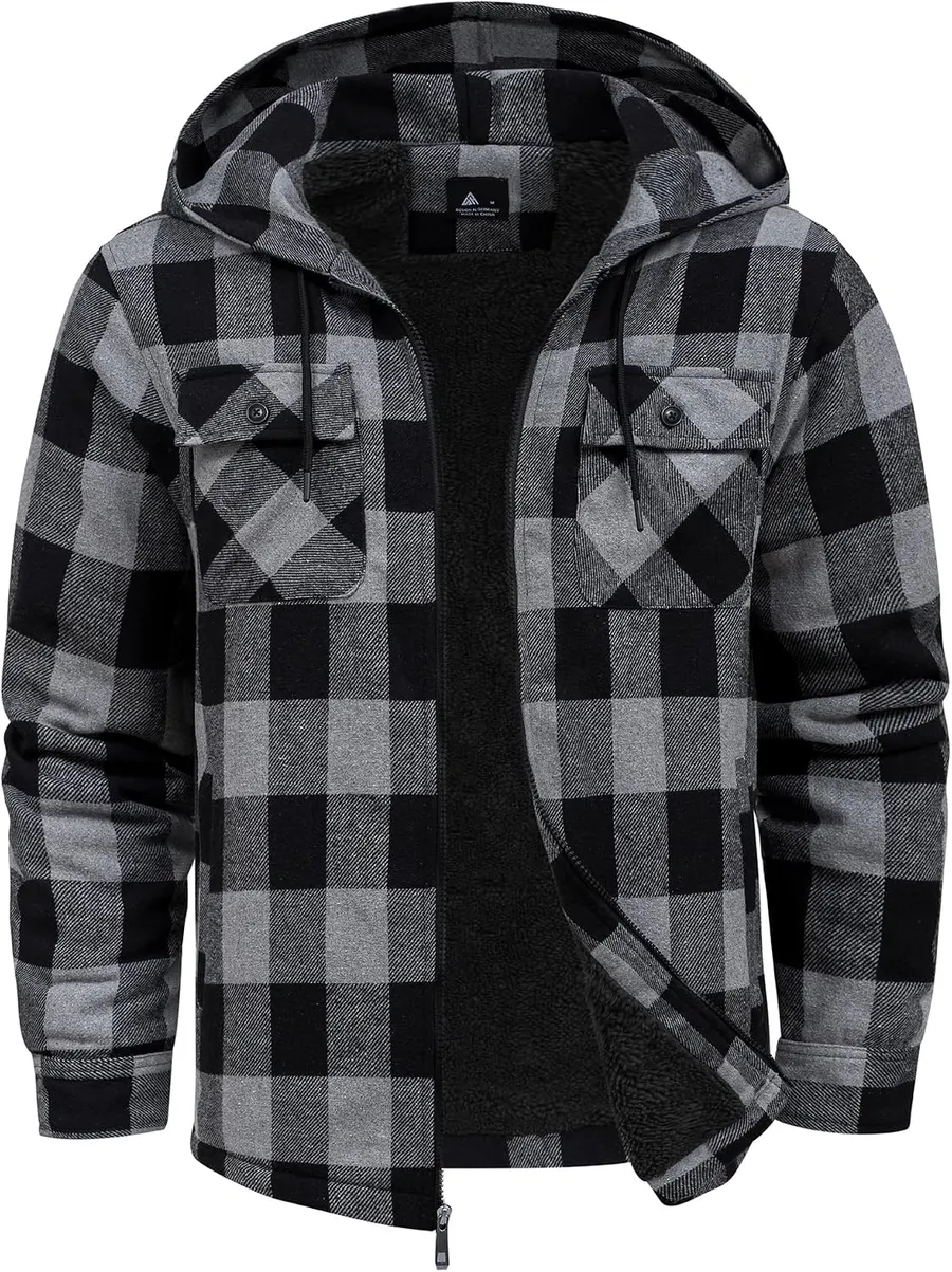 SCODI Men's Flannel Fleece Sherpa Lined Zip Up Hooded Jacket