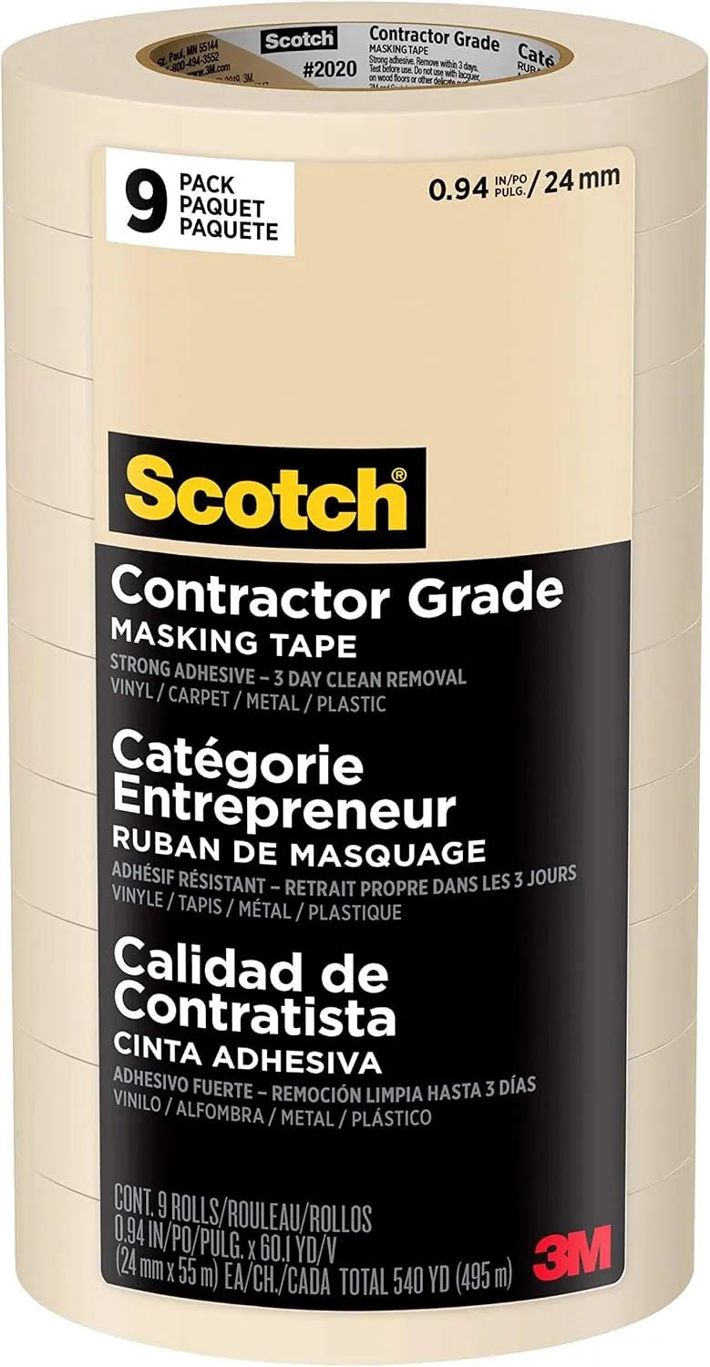 Scotch Contractor Grade Masking Tape, 0.94" x 60.1 Yds, 9 Rolls