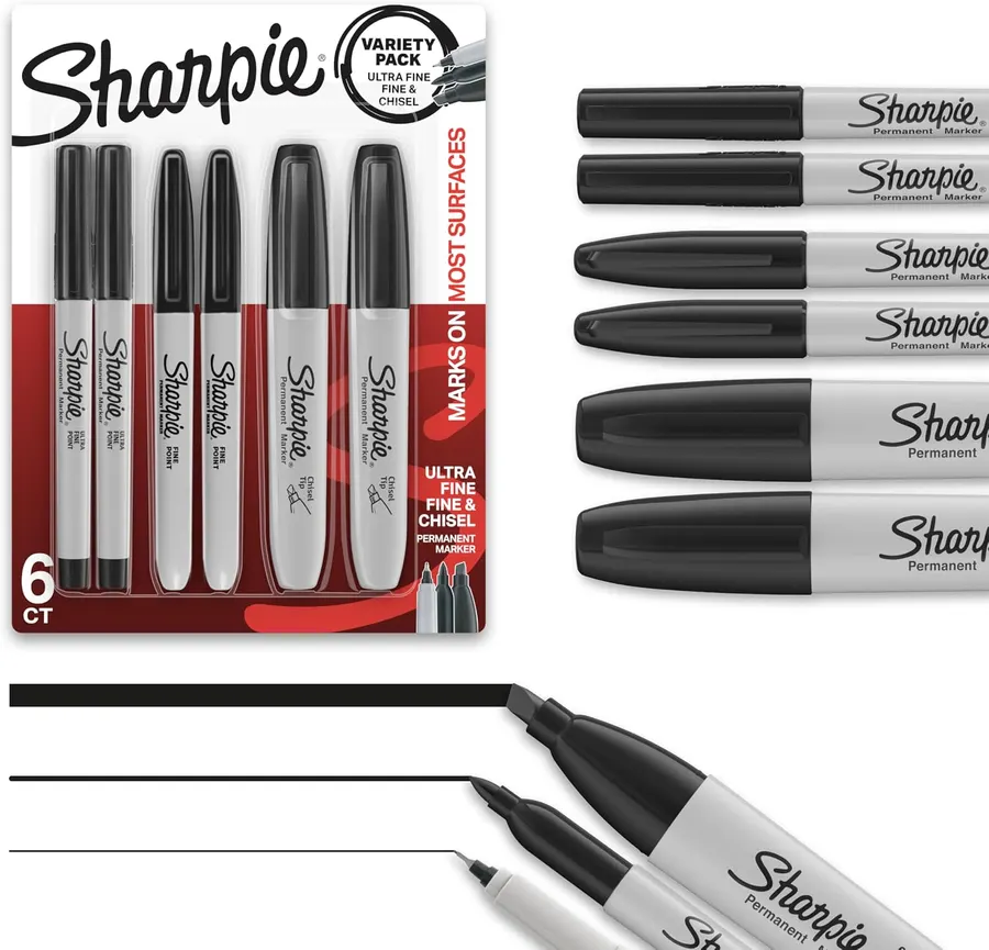 Sharpie Permanent Markers Variety Pack, Chisel, Fine & Ultra-Fine Tips, Black, 6 Count