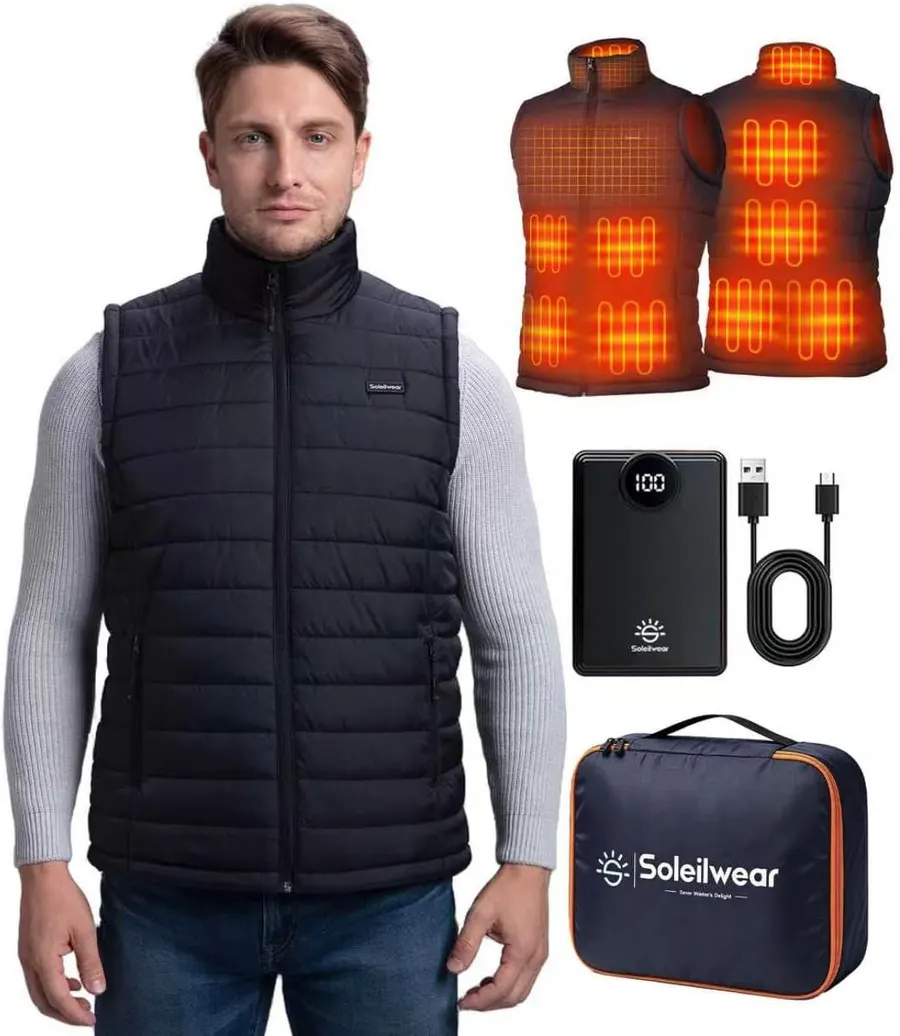 Soleilwear Men's Heated Vest with 10000mAh Battery, 9 Heating Zones