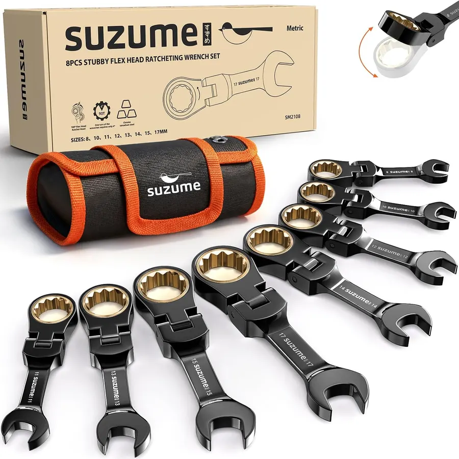 SUZUME Stubby Flex Head Ratcheting Wrench Set, 8-Piece Metric (8-17mm)