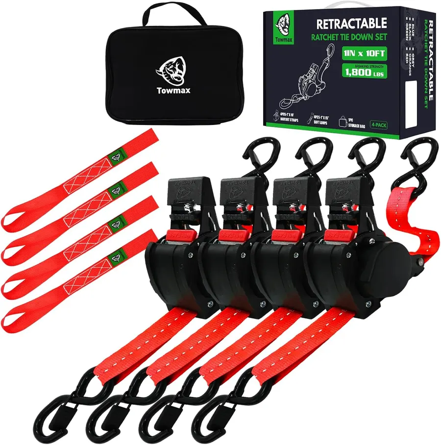 Towmax Self-Retracting Ratchet Straps, 4-Pack (Red)