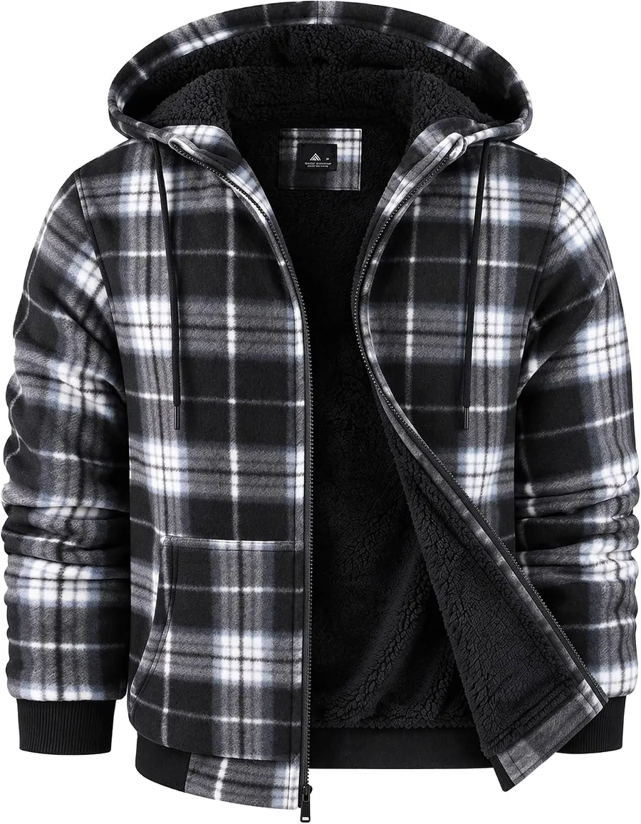 ZITY Men's Flannel Hooded Sherpa-Lined Zip-Up Sweatshirt